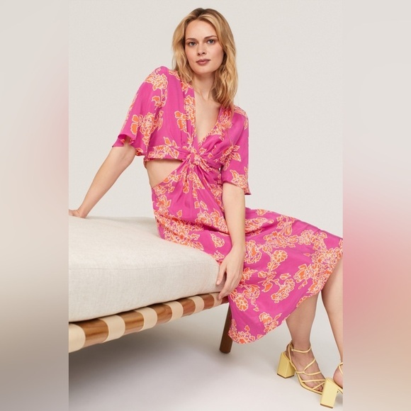 Hatch Dresses & Skirts - NWT Hatch X Revolve Maternity Pink Orange Floral Cutout Midi Thea Dress Sz 8-10